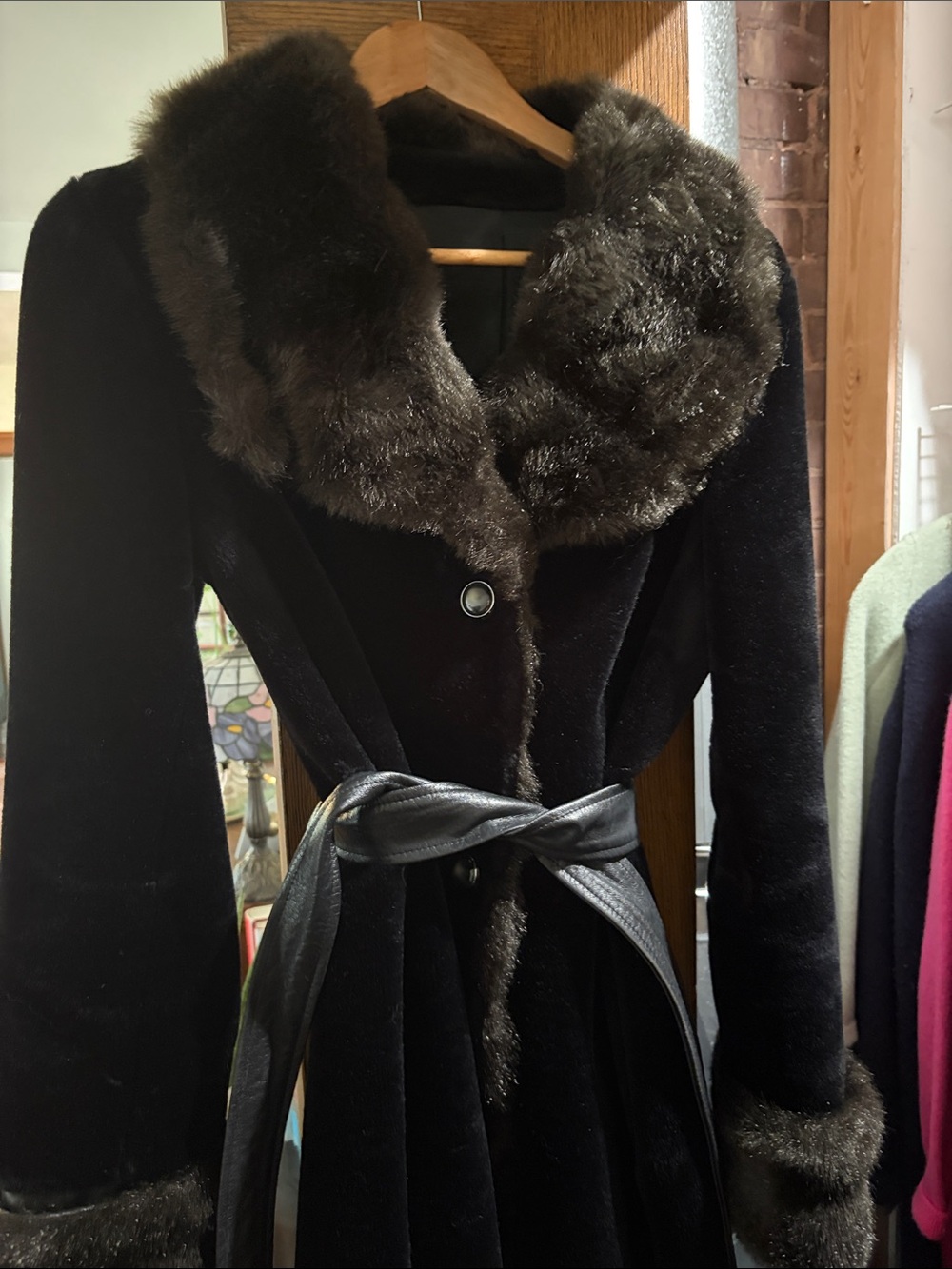 Black Faux Fur-Trim Coat with Belt